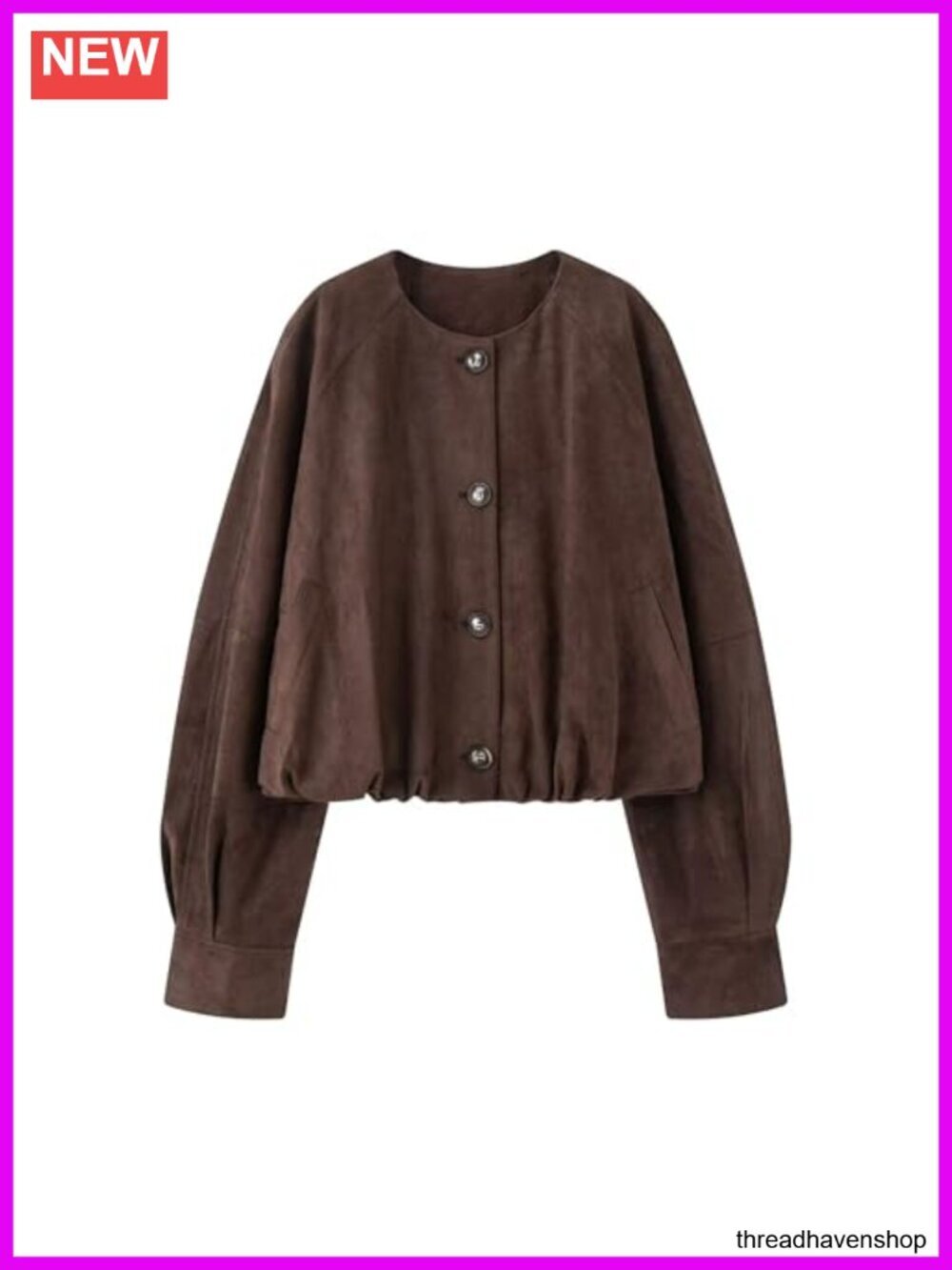 Faux Suede Button Jacket Oversized Gathered Hem Short Length Coat with Pockets